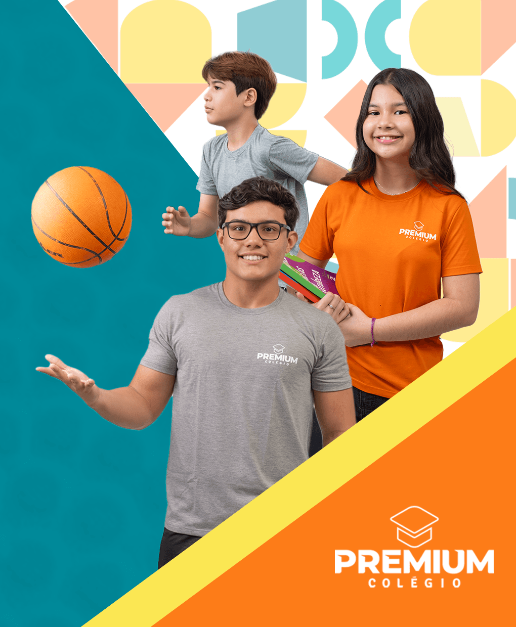 Alunos do Colégio PREMIUM com a bola de basquete da campanha Formando Campeões